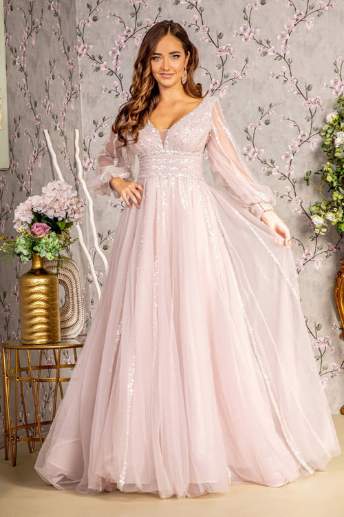 Sequin Long Sleeve A-line Mesh Gown by GLS Gloria GL3495 - S / Mauve - Long Formal Dresses