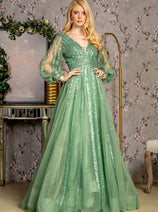 Sequin Long Sleeve A-line Mesh Gown by GLS Gloria GL3495