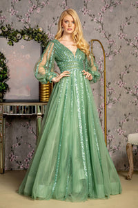 Sequin Long Sleeve A-line Mesh Gown by GLS Gloria GL3495 - S / Sage Green - Long Formal Dresses