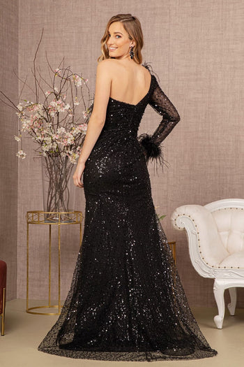 Sequin Long Sleeve Feather Gown by GLS Gloria GL3160 - Long Formal Dresses