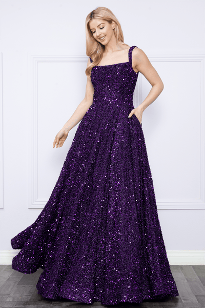 Poly USA 9106 Sequin Long Sleeveless A-line Dress
