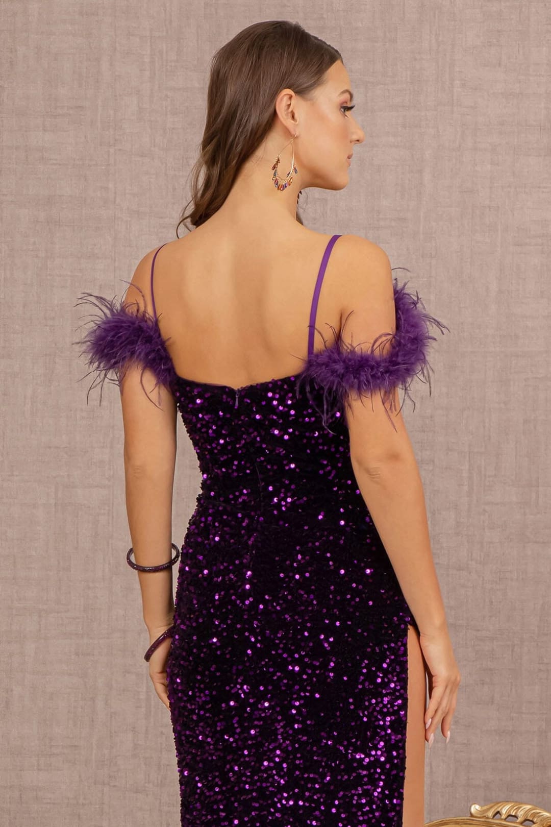 Sequin Off Shoulder Feather Gown by Elizabeth K GL3149 - Long Formal Dresses
