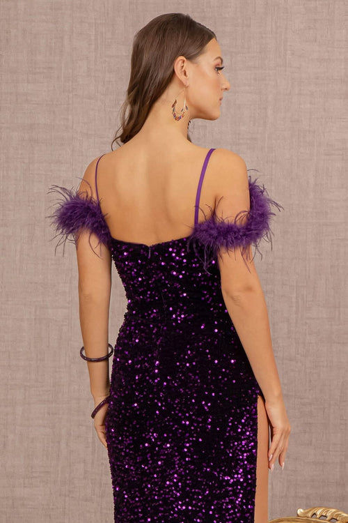 Sequin Off Shoulder Feather Gown by Elizabeth K GL3149 - Long Formal Dresses