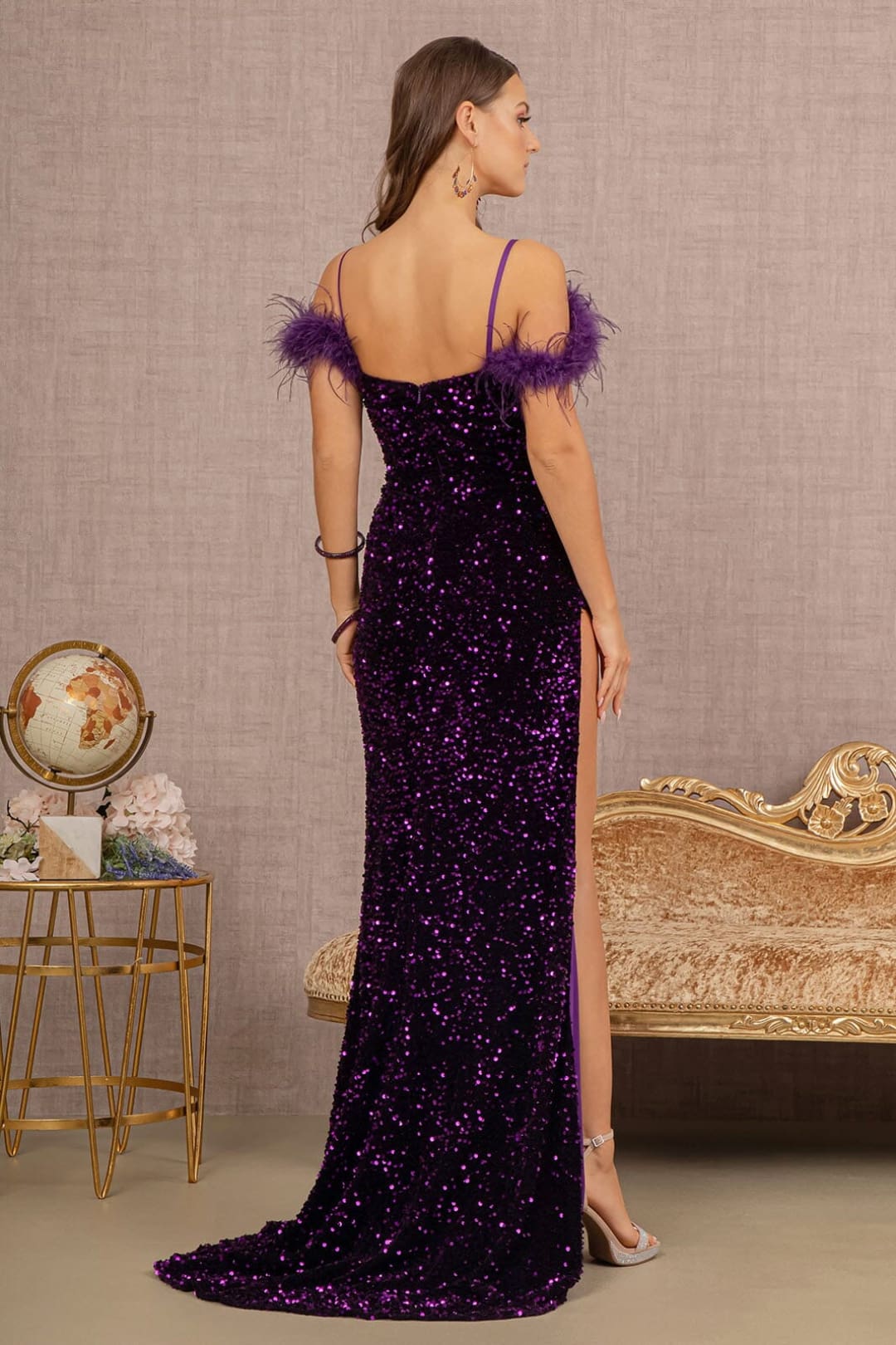 Sequin Off Shoulder Feather Gown by Elizabeth K GL3149 - Long Formal Dresses