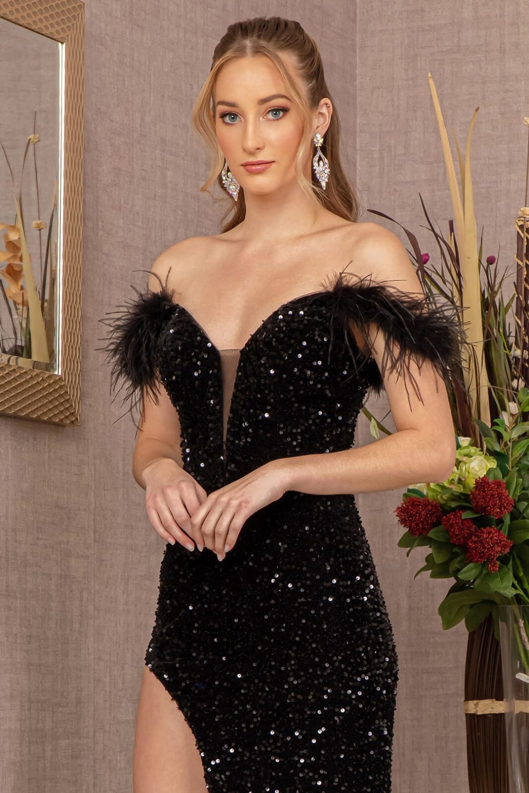 Sequin Off Shoulder Feather Gown by Elizabeth K GL3149 - Long Formal Dresses