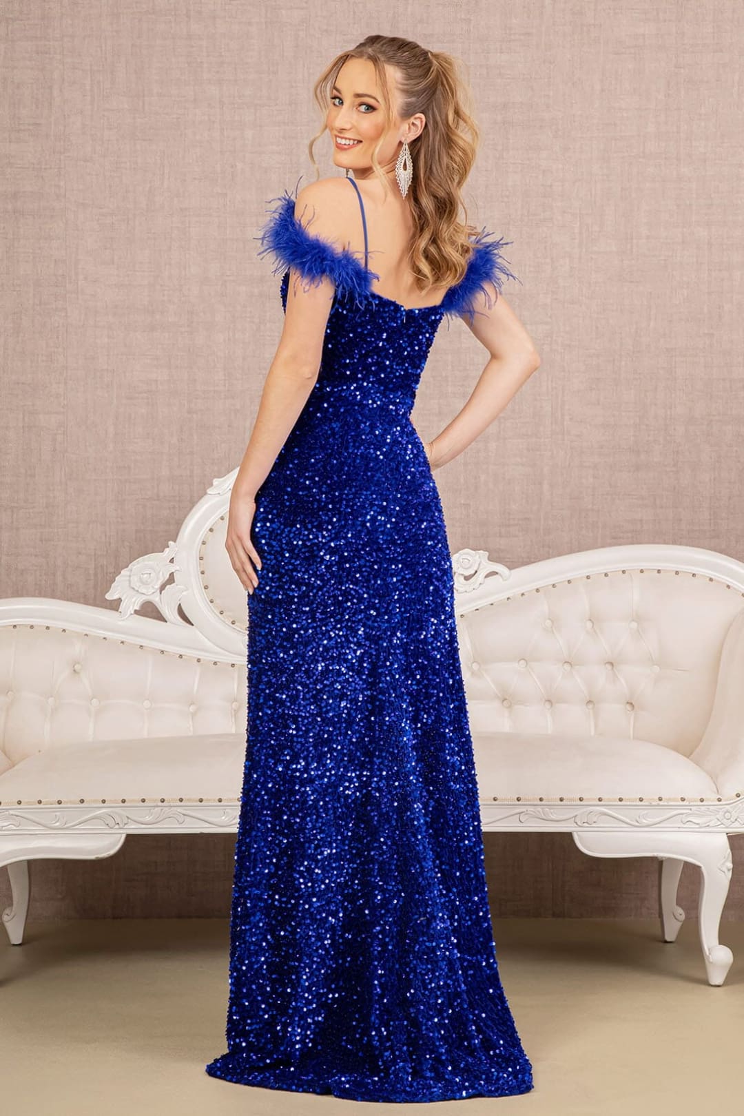 Sequin Off Shoulder Feather Gown by Elizabeth K GL3149 - Long Formal Dresses