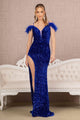 Sequin Off Shoulder Feather Gown by Elizabeth K GL3149 - XS / Royal Blue - Long Formal Dresses