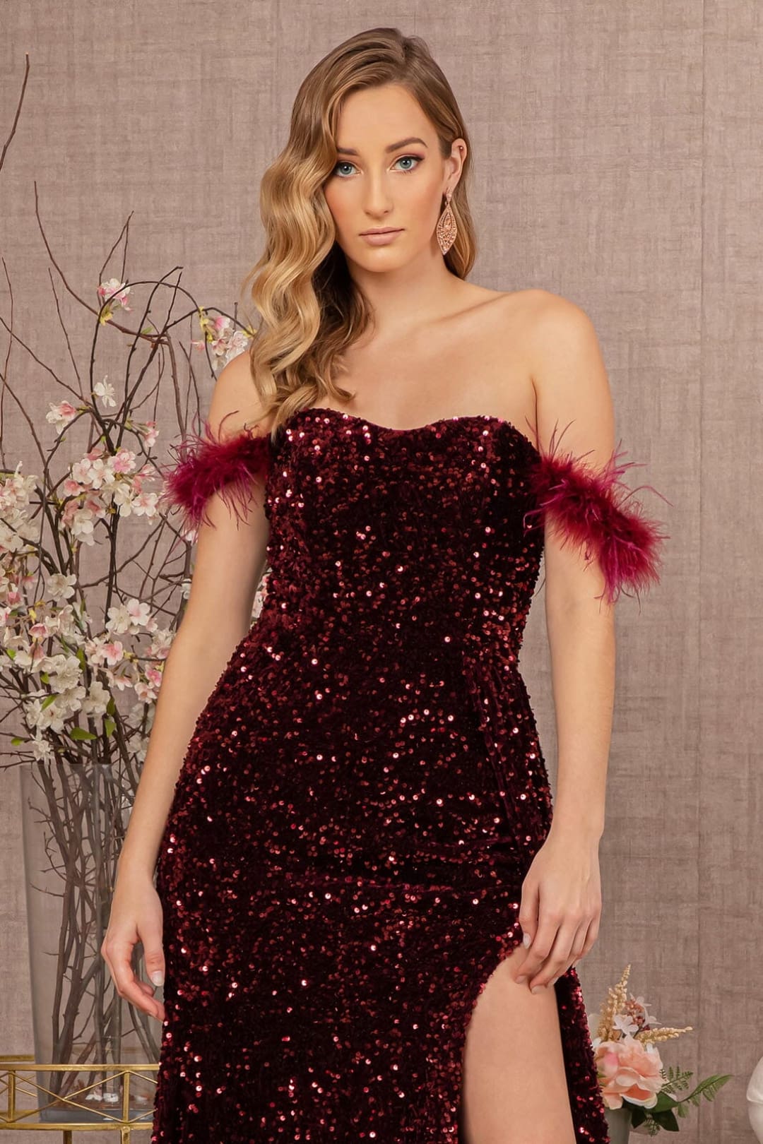 Sequin Off Shoulder Feather Gown by Elizabeth K GL3163 - Long Formal Dresses
