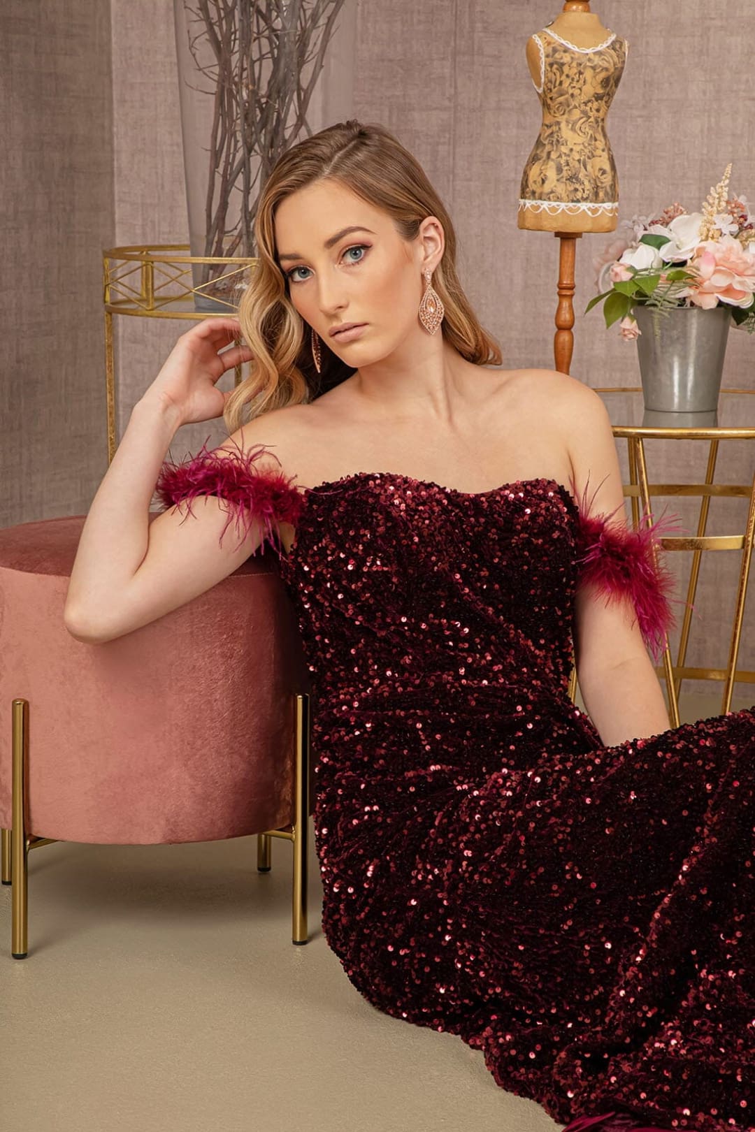 Sequin Off Shoulder Feather Gown by Elizabeth K GL3163 - Long Formal Dresses