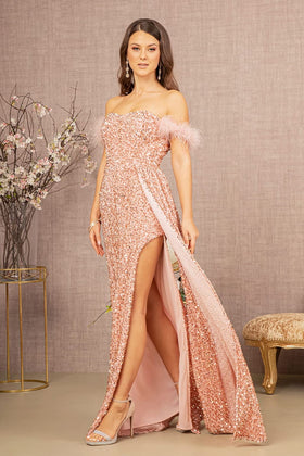 Sequin Off Shoulder Feather Gown by Elizabeth KGL3163