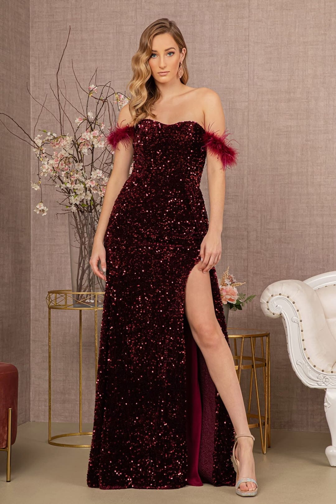 Sequin Off Shoulder Feather Gown by Elizabeth K GL3163 - XS / Wine - Long Formal Dresses
