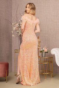 Sequin Off Shoulder Feather Gown by Elizabeth K GL3164 - Long Formal Dresses