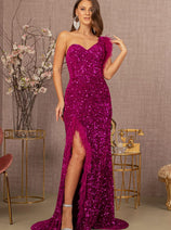 Sequin One Shoulder Feather Gown by GLS Gloria GL3154