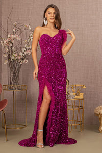 Sequin One Shoulder Feather Gown by GLS Gloria GL3154 - Long Formal Dresses