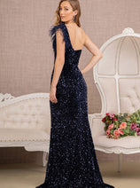 Sequin One Shoulder Feather Gown by GLS Gloria GL3154