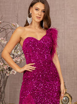 Sequin One Shoulder Feather Gown by GLS Gloria GL3154