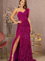 Sequin One Shoulder Feather Gown by GLS Gloria GL3154
