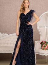 Sequin One Shoulder Feather Gown by GLS Gloria GL3154