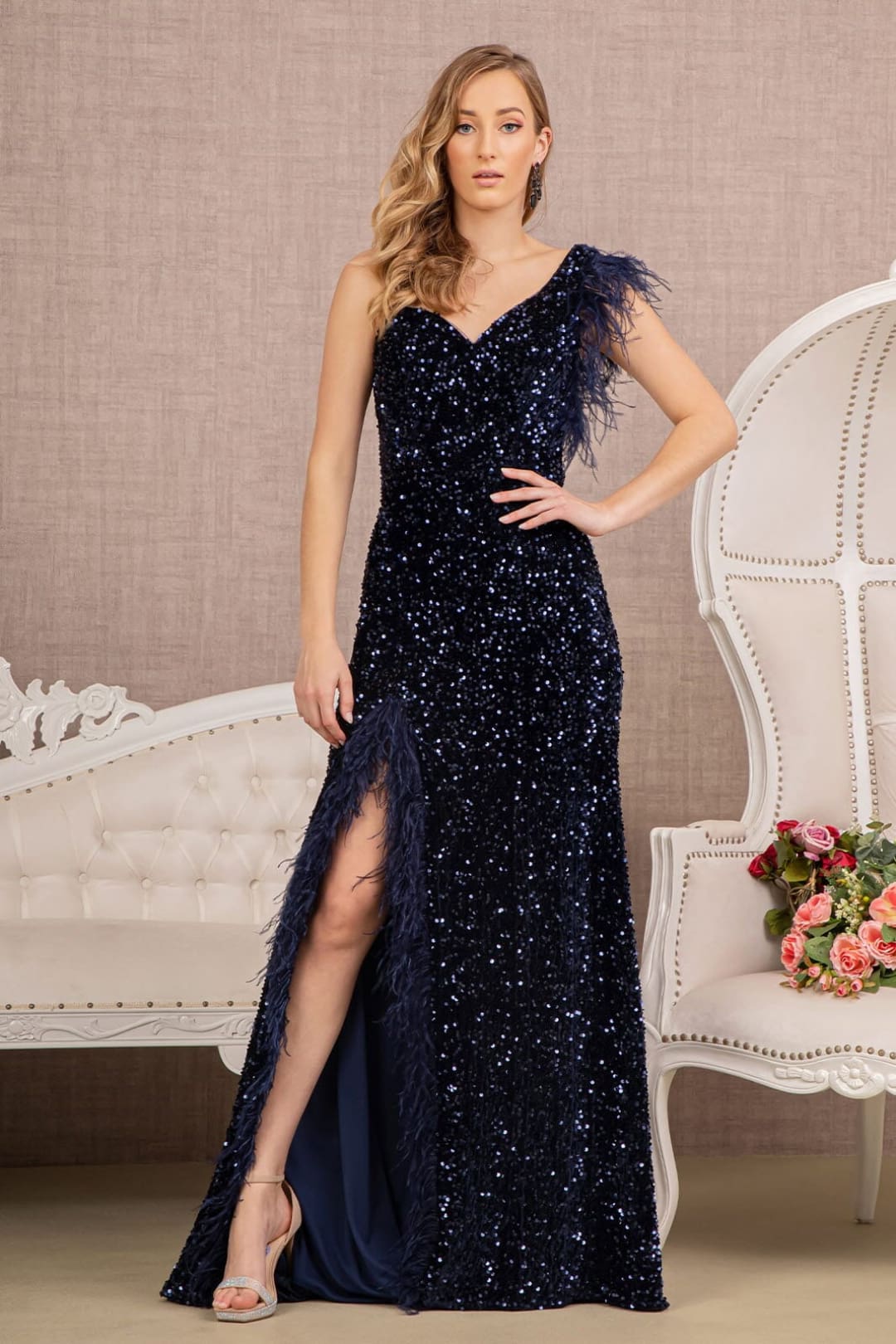 Sequin One Shoulder Feather Gown by GLS Gloria GL3154 - XS / Navy - Long Formal Dresses