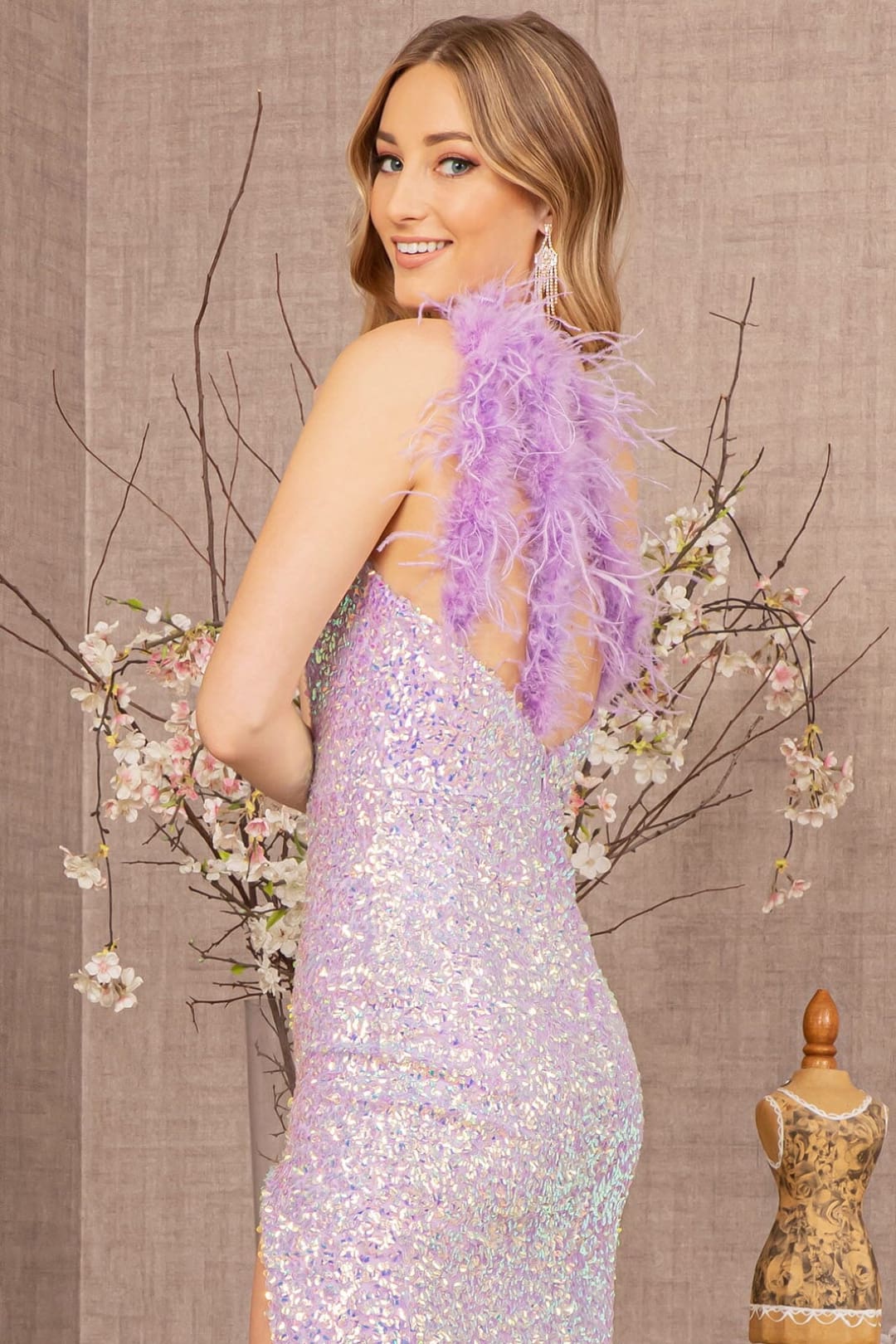 Sequin One Shoulder Feather Gown by GLS Gloria GL3165 - Long Formal Dresses