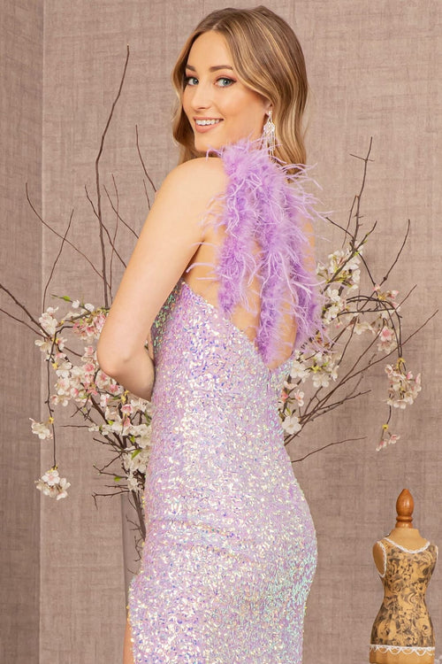 Sequin One Shoulder Feather Gown by GLS Gloria GL3165 - Long Formal Dresses