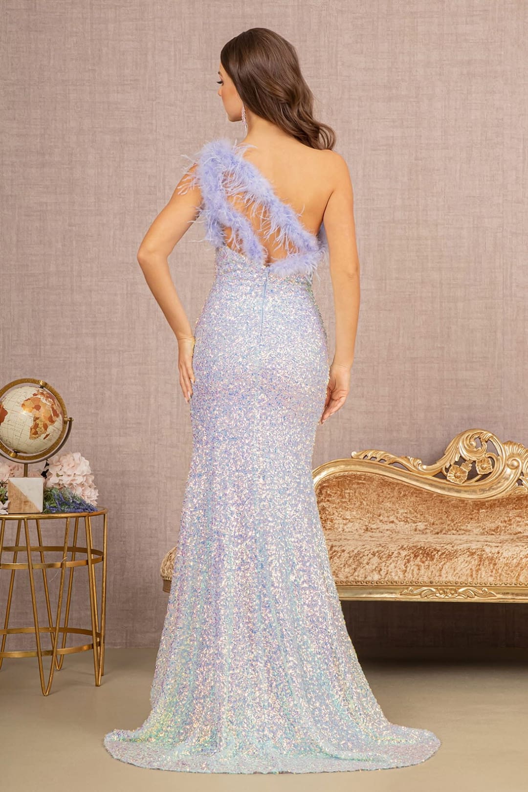Sequin One Shoulder Feather Gown by GLS Gloria GL3165 - Long Formal Dresses
