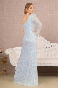 Sequin One Sleeve Feather Gown by GLS Gloria GL3128 - Long Formal Dresses