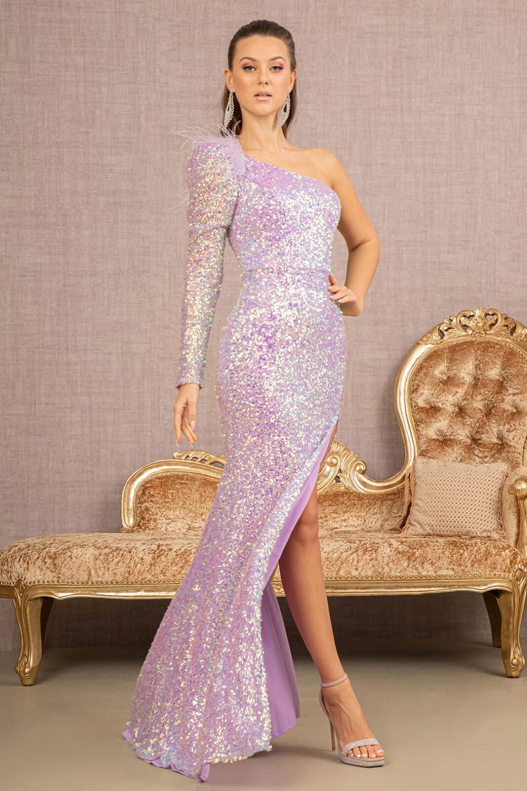 Sequin One Sleeve Feather Gown by GLS Gloria GL3128 - Long Formal Dresses