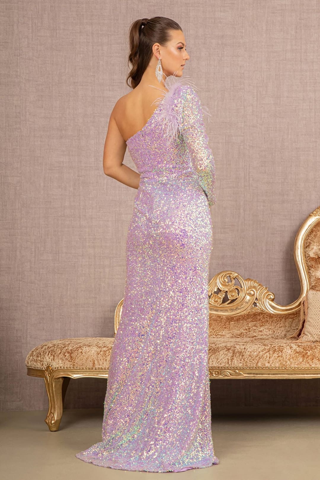 Sequin One Sleeve Feather Gown by GLS Gloria GL3128 - Long Formal Dresses