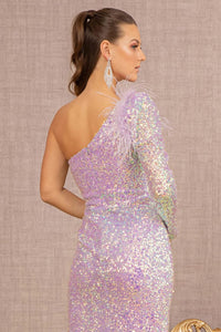 Sequin One Sleeve Feather Gown by GLS Gloria GL3128 - Long Formal Dresses