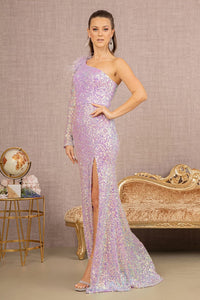 Sequin One Sleeve Feather Gown by GLS Gloria GL3128 - XS / Lilac - Long Formal Dresses