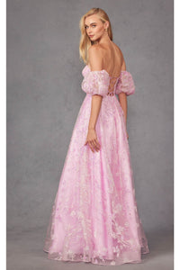 Sequin Print Corset Gown with Puff Sleeves by Juliet 2404 - Dress