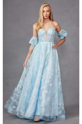 Sequin Print Corset Gown with Puff Sleeves by Juliet 2404