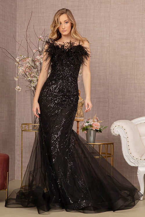 Sequin Print Feather Mermaid Gown by GLS Gloria GL3117 - XS / Black - Long Formal Dresses