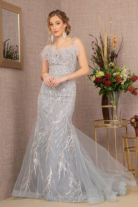 Clearance Silver Size XL Sequin Print Feather Mermaid Gown by GLS Gloria GL3117