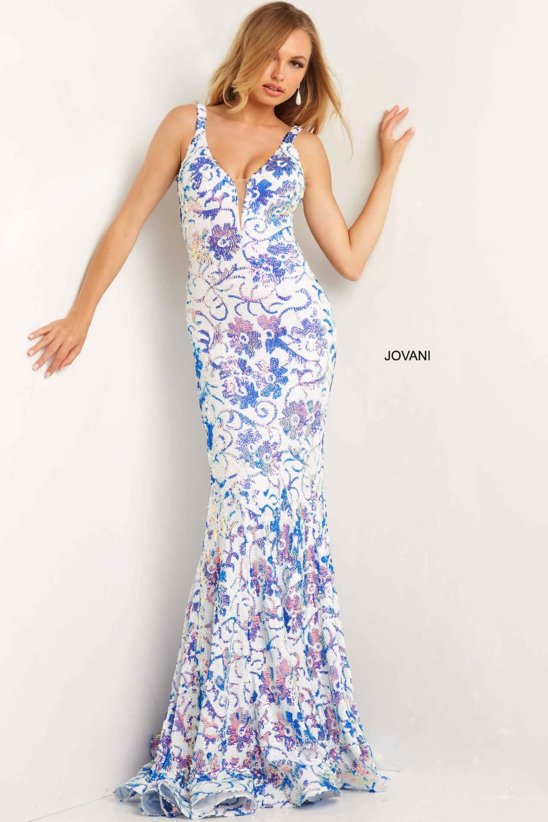 Sequin Print Fitted Sleeveless Gown by Jovani 08257 - 00 / White/AB - Long Formal Dresses