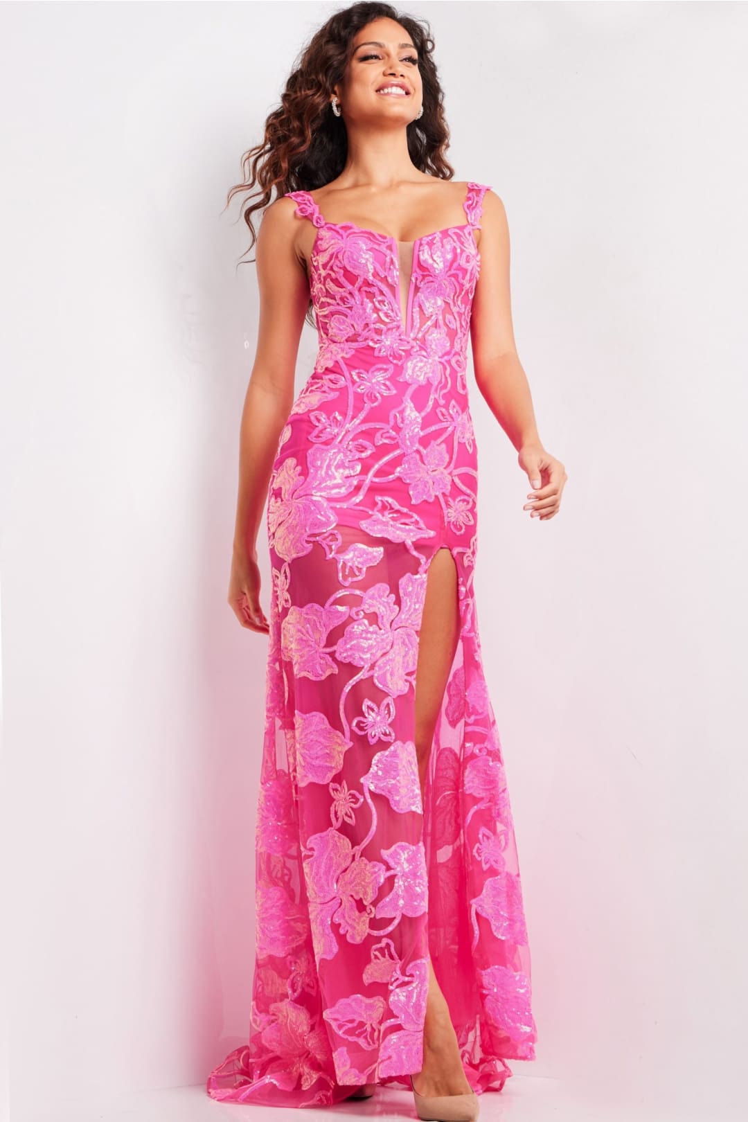Sequin Print Fitted Sleeveless Slit Gown by Jovani 38462 - Long Formal Dresses