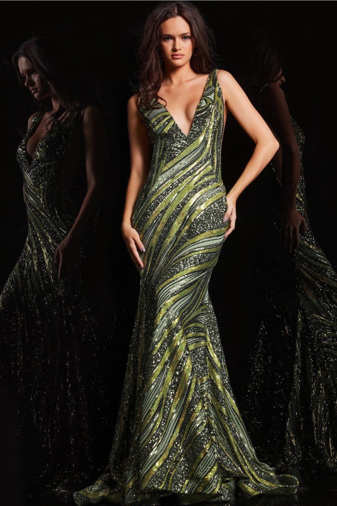 Sequin Print Fitted V-Neck Gown by Jovani 22314 - 00 / Olive/Lime - Long Formal Dresses