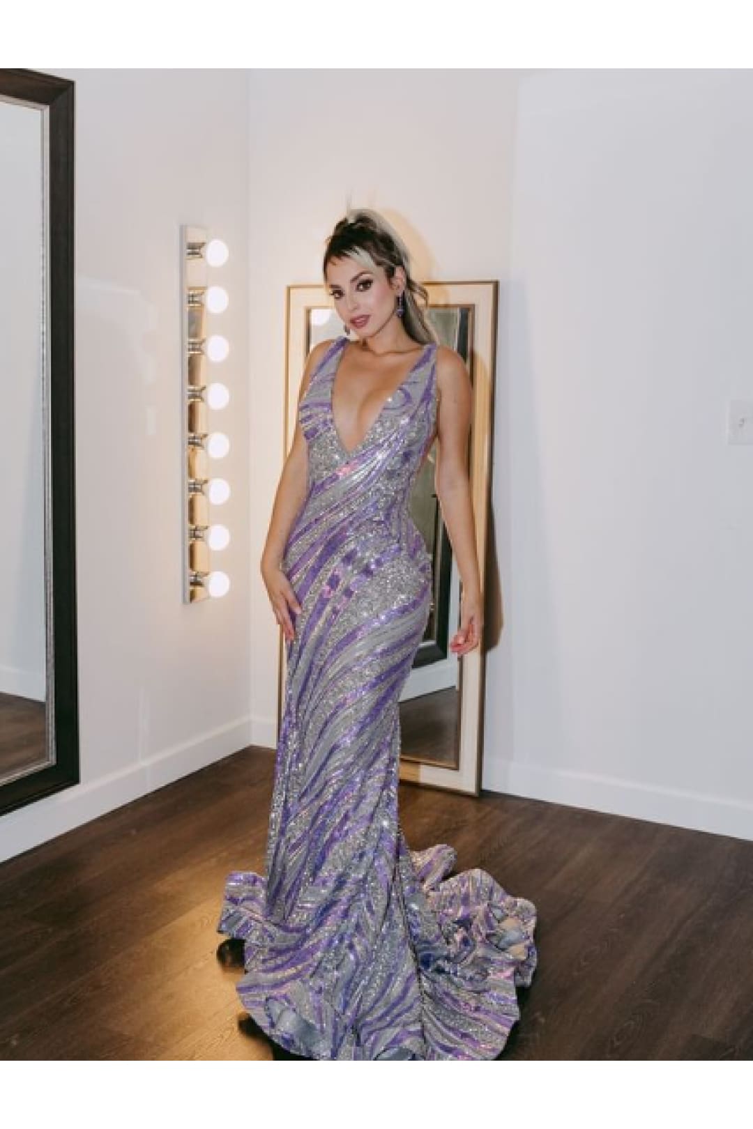 Sequin Print Fitted V-Neck Gown by Jovani 22314 - 00 / Silver/Lilac - Long Formal Dresses