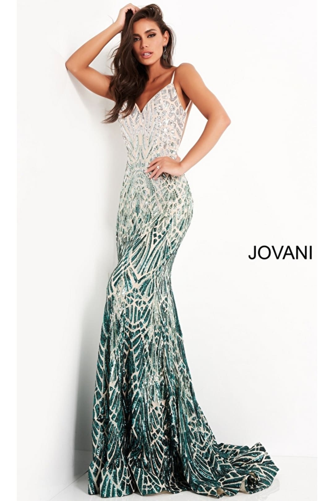 Sequin-Print Long Prom Dress: Jovani 06450 - Silver/Green / Apparel & Accessories > Clothing > Dresses