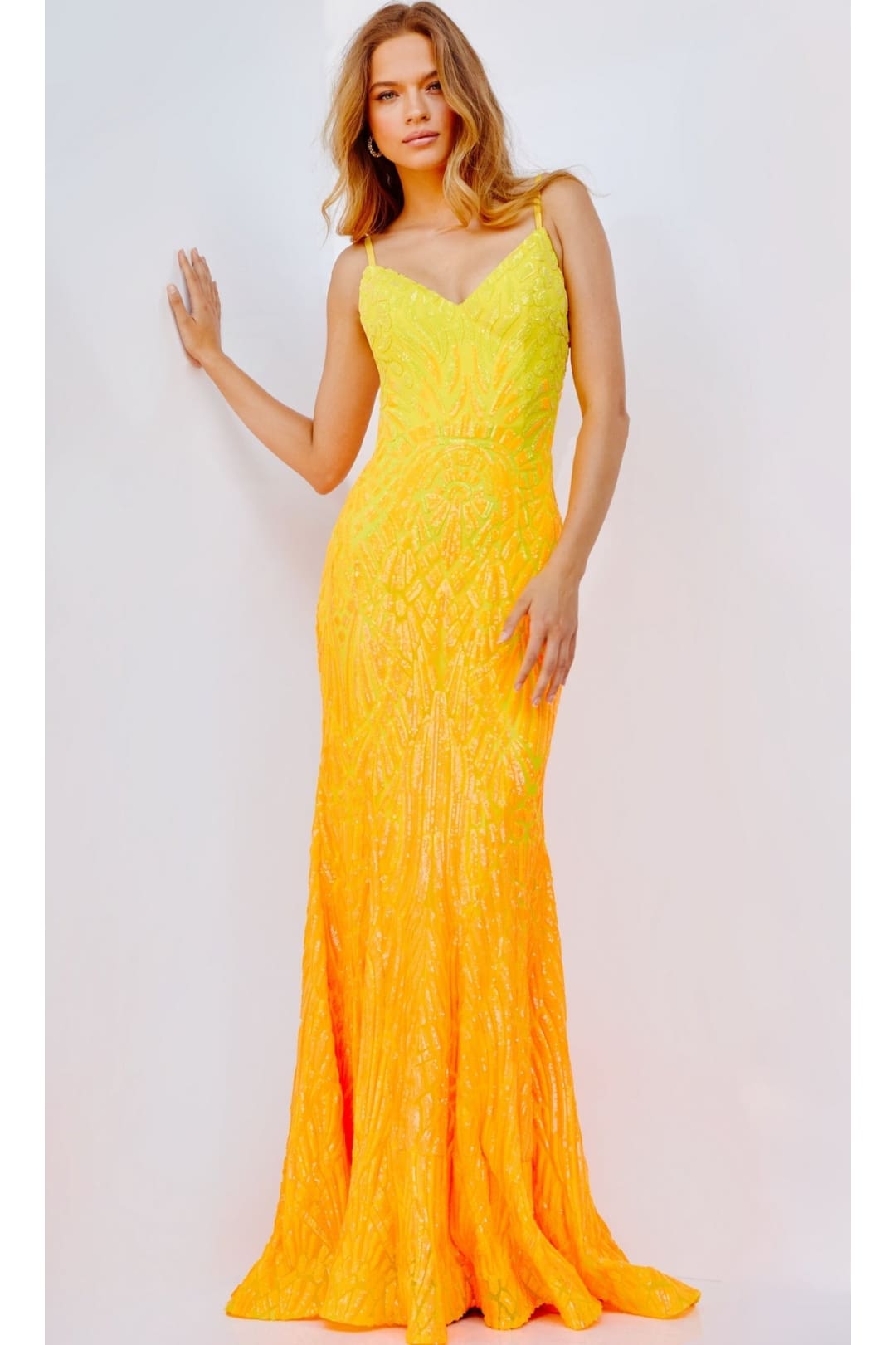 Sequin-Print Long Prom Dress: Jovani 06450 - Yellow/Orange / Apparel & Accessories > Clothing > Dresses