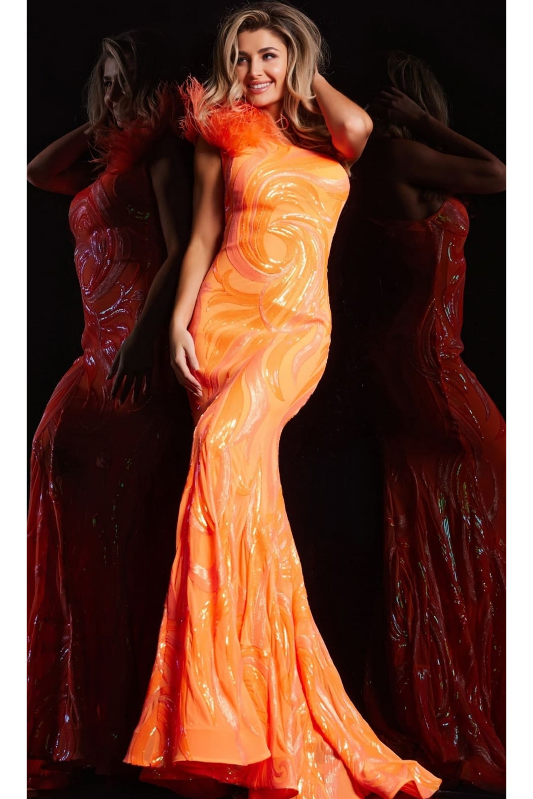 Sequin-Print Long Prom Dress: Jovani 32596 - Orange / Apparel & Accessories > Clothing > Dresses
