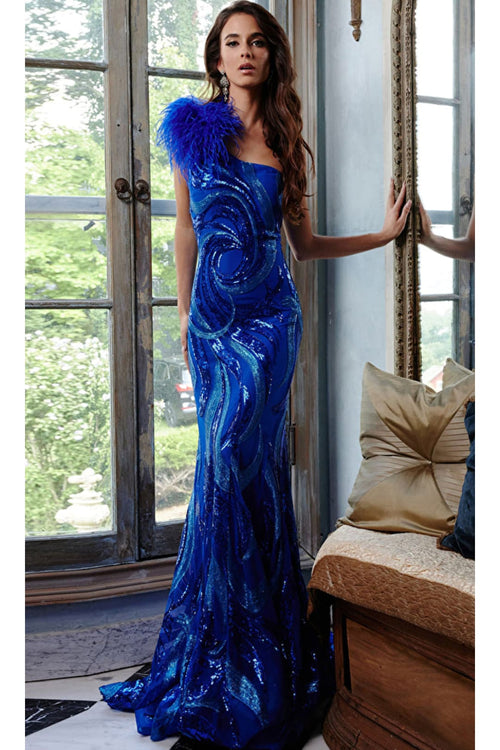 Sequin-Print Long Prom Dress: Jovani 32596 - Royal / Apparel & Accessories > Clothing > Dresses