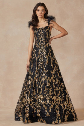Juliet 297 Sequin Print Sleeveless Feather Gown with A-Line Skirt and Square Neck Neckline