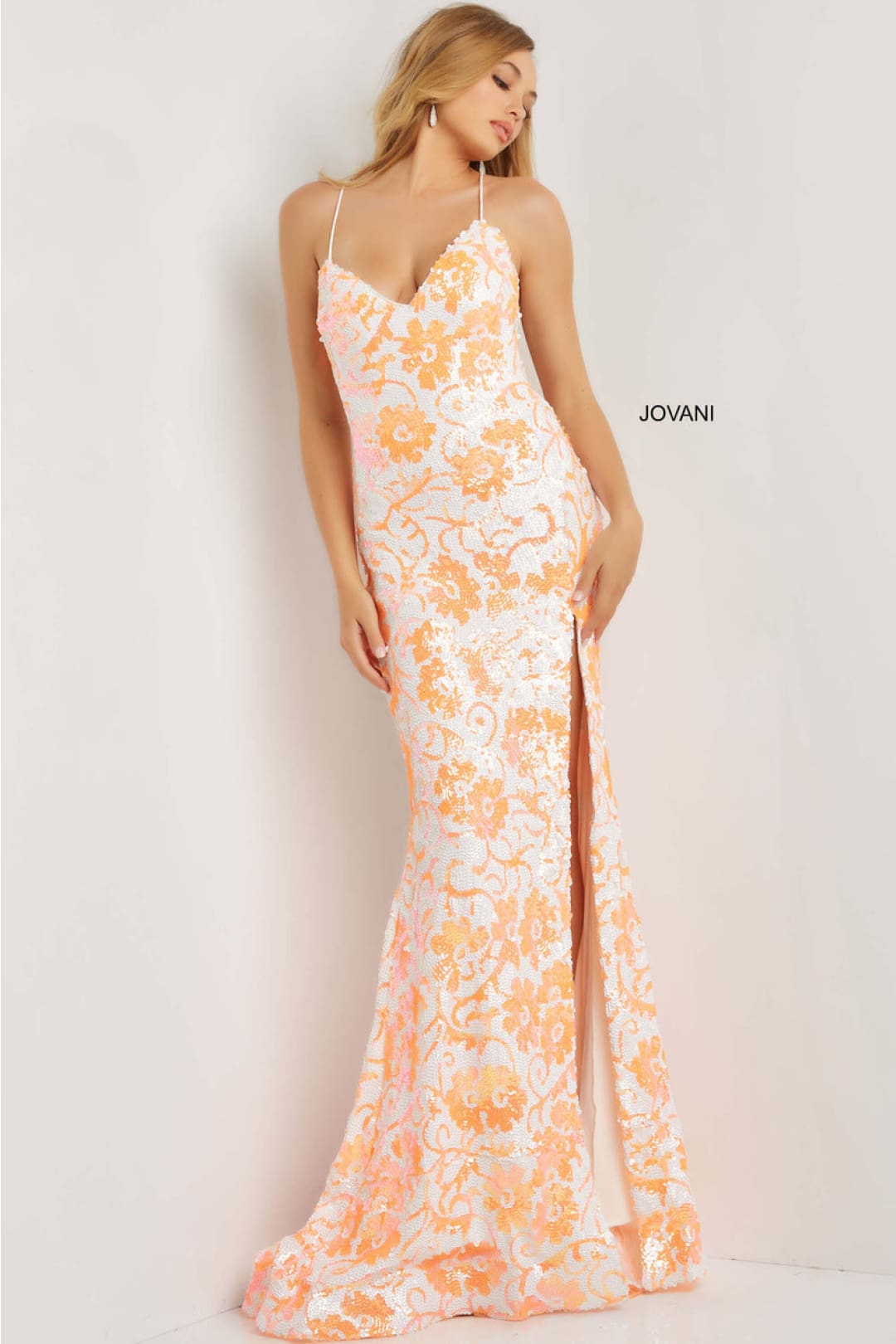 Sequin Print Sleeveless Slit Gown by Jovani 08255 - 00 / Ivory/Light Orange - Long Formal Dresses