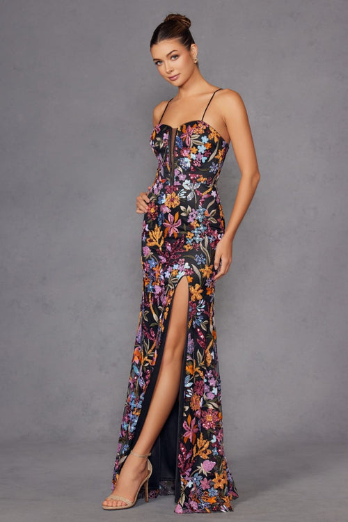 Sequin Print Sleeveless Slit Gown by Juliet JT2498A - Long Formal Dresses