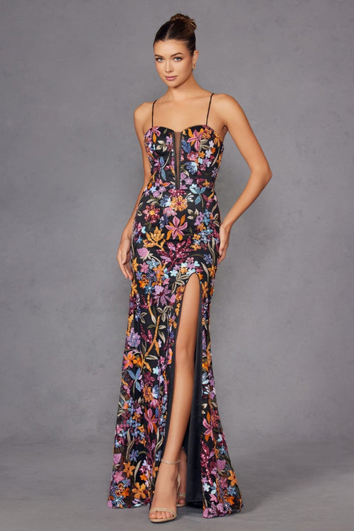 Sequin Print Sleeveless Slit Gown by Juliet JT2498A - Long Formal Dresses