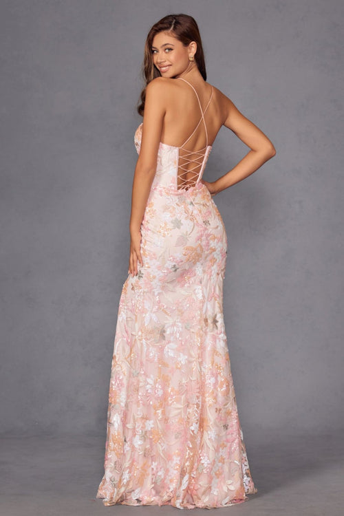 Sequin Print Sleeveless Slit Gown by Juliet JT2498A - Long Formal Dresses