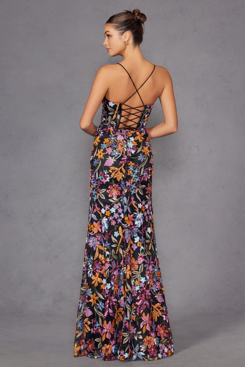 Sequin Print Sleeveless Slit Gown by Juliet JT2498A - Long Formal Dresses