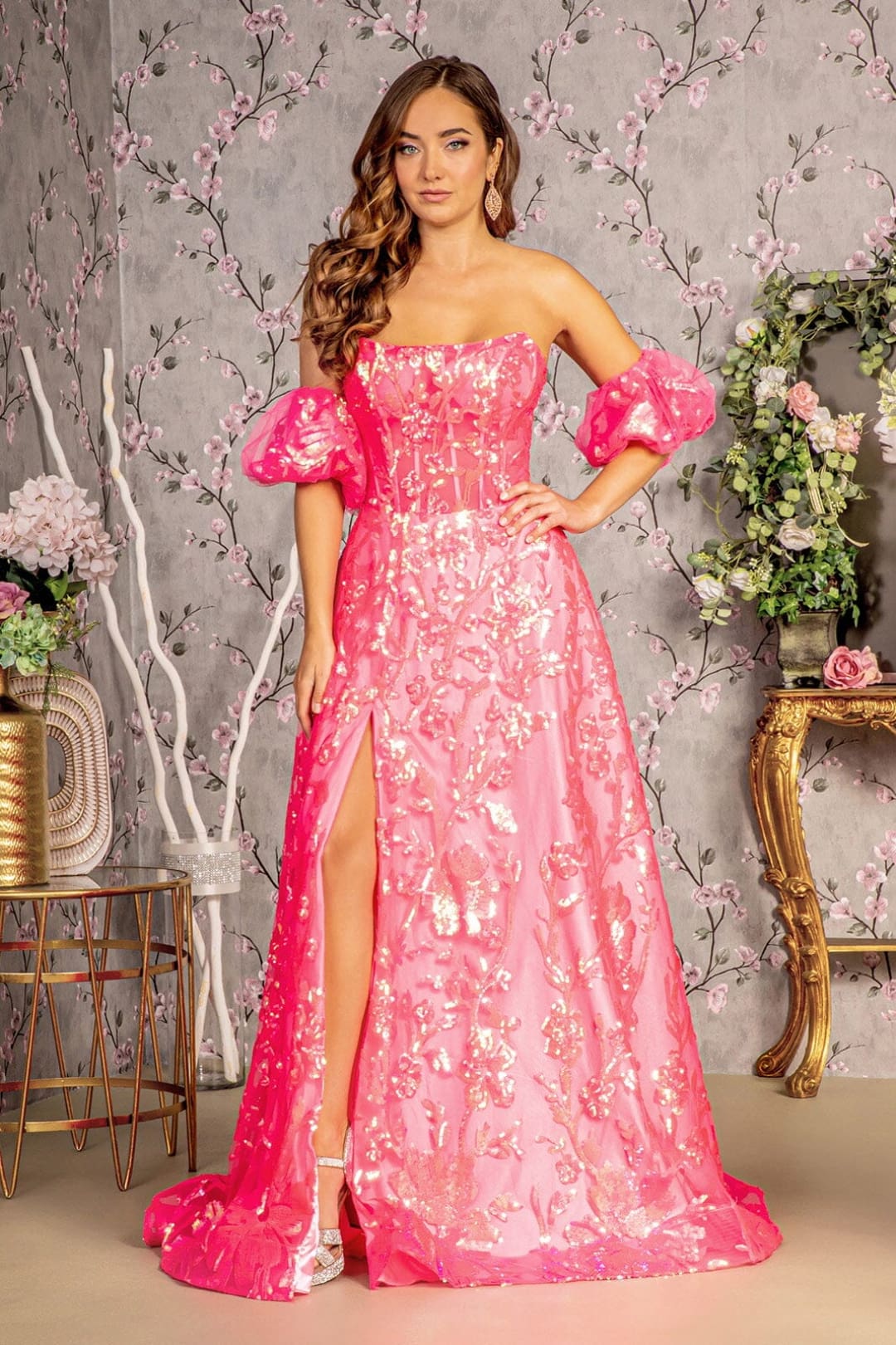 Sequin Print Strapless A-line Slit Gown by GLS Gloria GL3311 Sequin Print Strapless A-line Slit Gown by GLS Gloria GL3311
